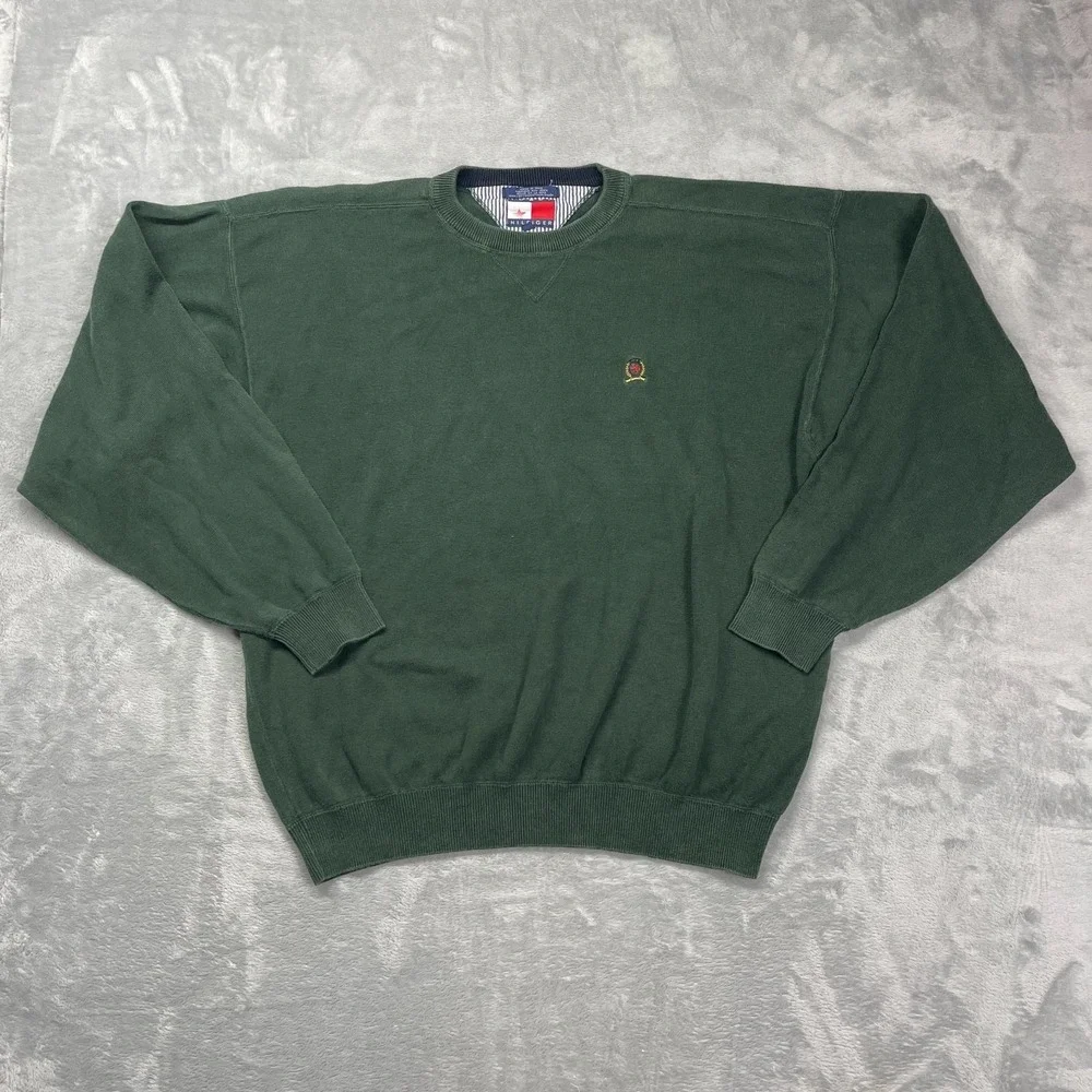 Vintage Tommy Hilfiger Sweater Mens Medium Green Lion Crest Logo Knit Crew Neck